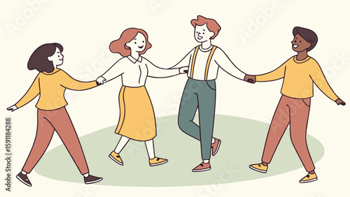 Joyful community bonds are depicted in this graphic of diverse people holding hands and united in a circle, ideal for social media designs.