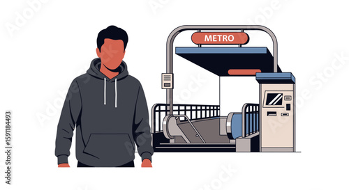 A young man stands near a metro station, awaiting the next train to arrive.