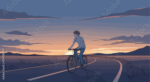 A young person cycling on a road at sunset, serene landscape.