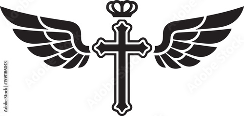 Black Cross with Wings and Crown Vector Illustration
