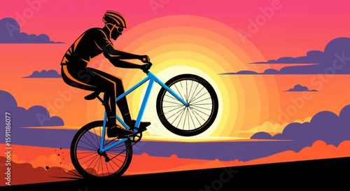 Silhouette of a cyclist performing a wheelie on a blue bicycle against a vibrant sunset with stylized clouds and a gradient sky.