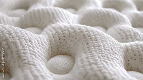 Close-up view of a mattress's textured surface.  A  soft, white,  knitted material with  raised,  rounded  bumps  and  small  holes