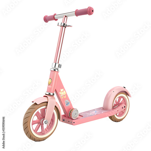 A bright pink children s scooter with a white handlebar and tan wheels isolated on a black background