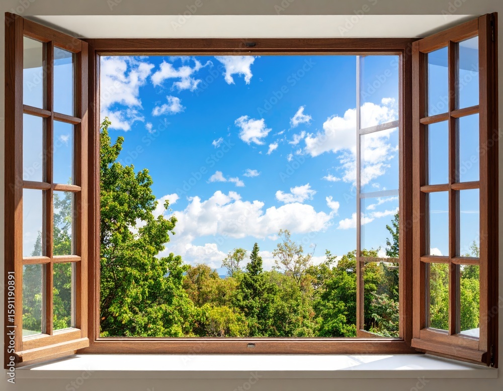 Fototapeta premium Sunny view through a wooden window