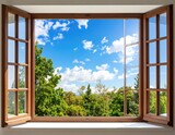 Sunny view through a wooden window
