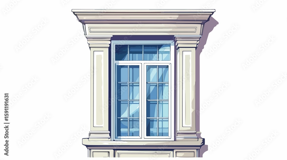 Fototapeta premium An architectural window detail showcases traditional design, enhanced by the cool blue reflection within the glass panes and neutral tones.