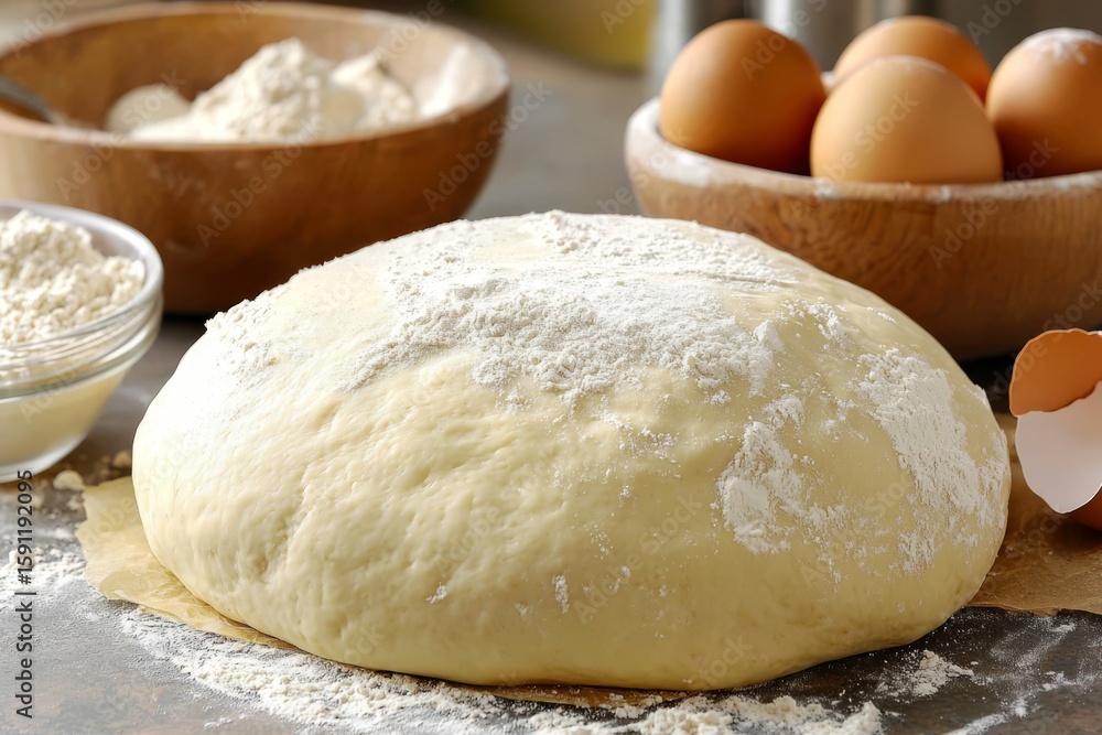 Ingredients unite: a bowl of eggs and flour complement the dough. Ingredients unite: a bowl of eggs and flour complement the dough.