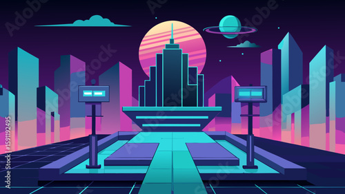 Abstract cityscape at night: modern urban architecture with towering skyscrapers against a vibrant sky, illustrating the bustling business district