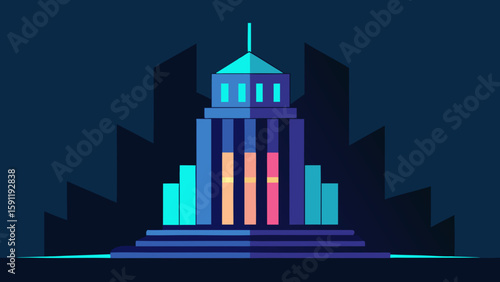 A vibrant vector illustration of a bustling urban city skyline with towering skyscrapers and dynamic architecture at night