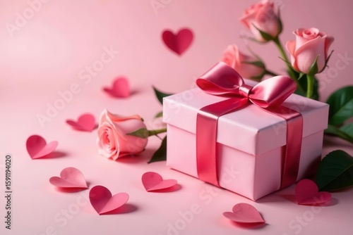 Pink roses and elegant gift box on Valentine's Day background , wedding, romance, pink