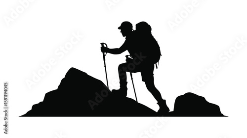Silhouette of a hiker climbing a mountain with trekking poles