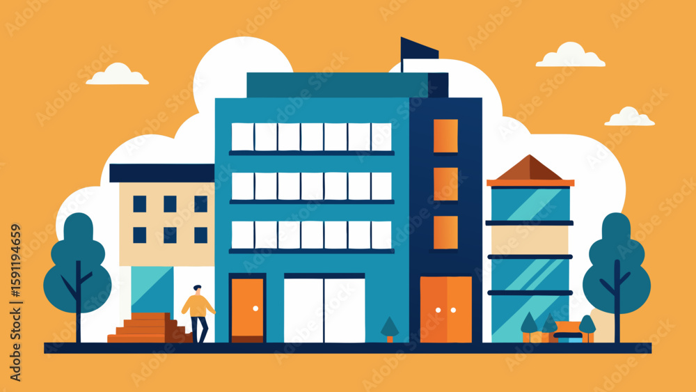 Fototapeta premium Vibrant vector illustration of a bustling urban cityscape with diverse buildings, homes, shops, and street architecture under a clear sky