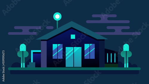 Family at home in a cozy house silhouette illustration under a moonlit sky