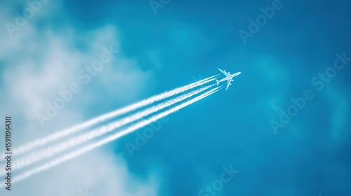 Airplane climbing into a clear blue sky, leaving white contrails against a backdrop of soft clouds.