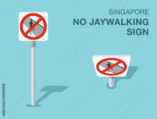 Traffic regulation rules. Isolated Singapore "no jaywalking" road sign. Front and top view. Flat vector illustration template.