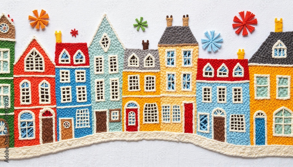 Naklejka premium Colorful embroidered houses in a whimsical urban landscape 