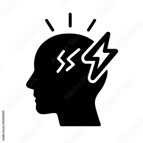 Solid black head with lightning icon representing headache and stress