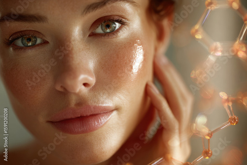 beautiful young woman with glowing hydrated skin spreading a peptide-infused cream on her cheek 