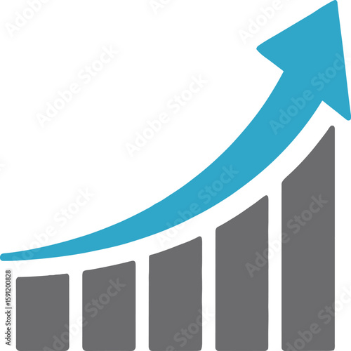 A rising blue arrow curving over a gray bar graph indicating growth and a positive upward trend displayed