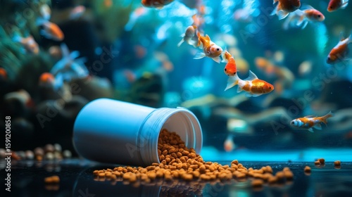 Goldfish in aquarium eating fish food.