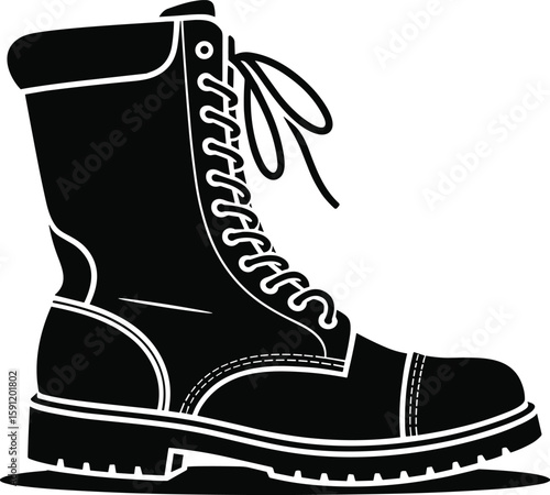 Black and white illustration of a combat boot isolated on a white background