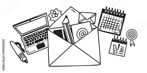 Email Office Open Envelope Flat Lay Calendar Laptop Office Supplies Schedule