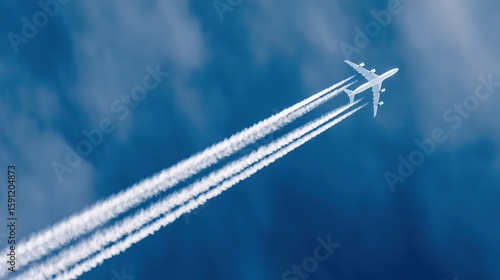 Airplane climbing into a clear blue sky, leaving white contrails against a backdrop of soft clouds.