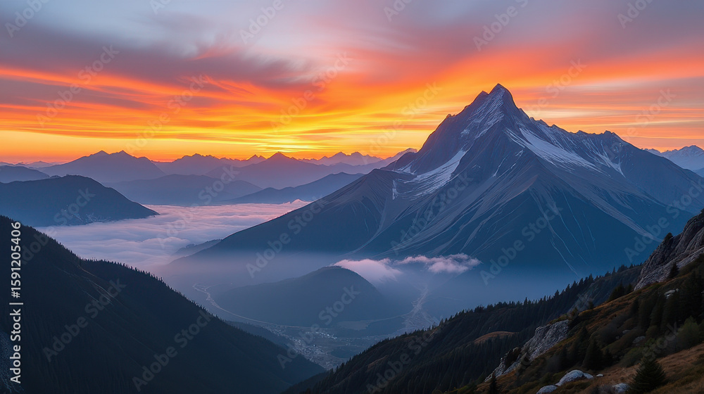 Majestic sunset over snow-capped mountain wilderness nature photography scenic view tranquil atmosphere Majestic sunset over snow-capped mountain wilderness nature photography scenic view tranquil atmosphere