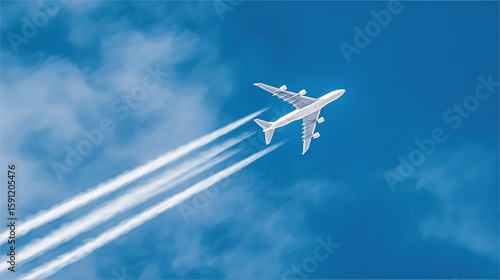 Airplane climbing into a clear blue sky, leaving white contrails against a backdrop of soft clouds.