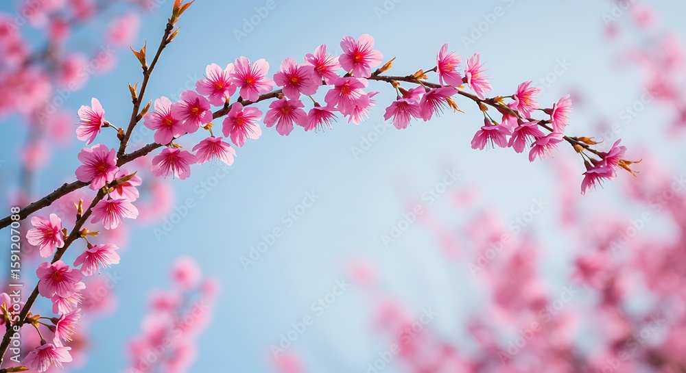 Obraz premium Graceful Arch of Sunlit Pink Cherry Blossoms Against a Clear Blue Sky.