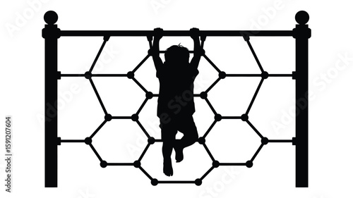 Silhouette of child climbing on playground equipment for strength and agility