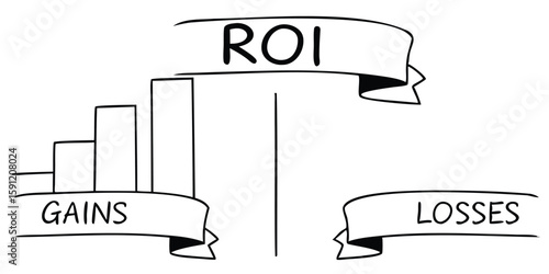 ROI banner with increasing gains against losses business investments and return