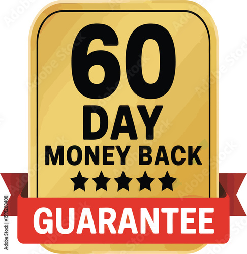 A golden badge with a sixty-day money-back guarantee and five stars on a red ribbon banner design element