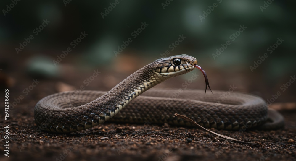 Obraz premium Brown Snake Flicking Tongue on Soil Ground in Dark Green Forest