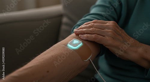 Illuminated Wireless Health Monitor on Arm Modern Medical Technology CloseUp.