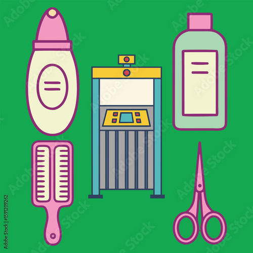 Stylized Hair Salon Tools Shampoo, Conditioner, Hair Dryer, Comb, and Scissors Illustration