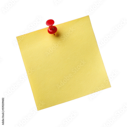 3D yellow sticky note with push pin isolated on transparent background
