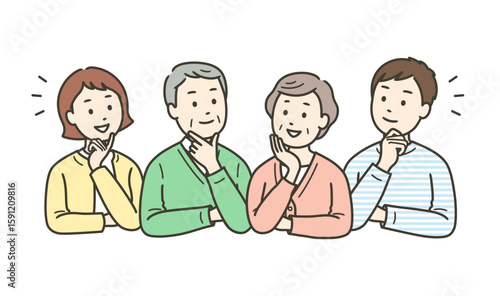 何かを考えて納得し笑顔になる高齢者夫婦と若い夫婦
