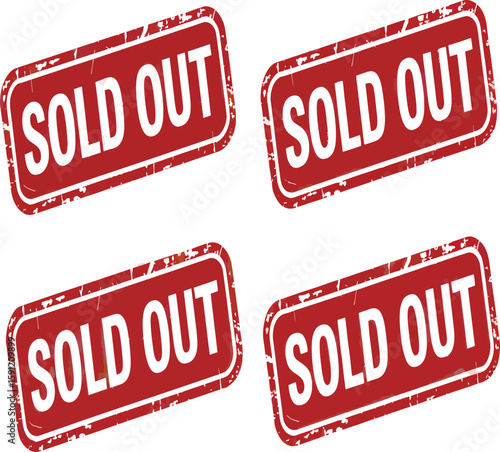 Four red sold-out signs with distressed borders arranged on a white background in a square pattern