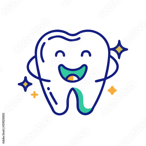 Flat outlined vector of a smiling cartoon tooth, symbolizing dental health, oral hygiene, and clean teeth care in stylized friendly format  

