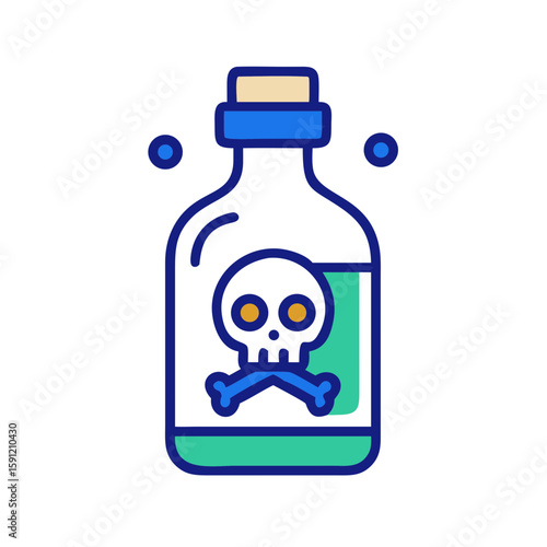 Outlined vector of a glass bottle with skull symbol and green liquid, representing poison, danger, and toxic substances in minimal stylized form  
