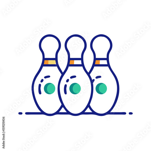 Flat outlined vector of three bowling pins with green stripes, symbolizing sports activity, leisure game, and competitive recreation in minimal style  
