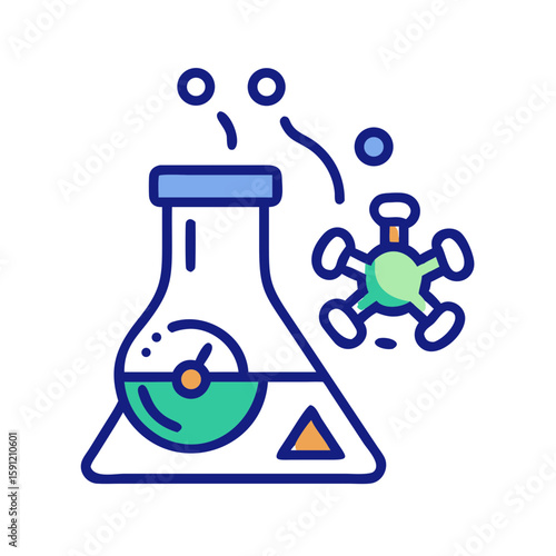 Outlined vector of a laboratory flask with green fluid and molecular symbol, representing science, chemistry, and experimental research in flat style  
