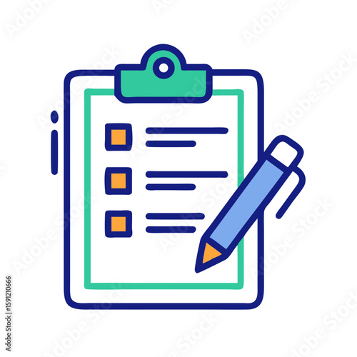 Outlined vector clipboard with checklist and pencil, representing task management, productivity, and personal organization in flat graphic style  
