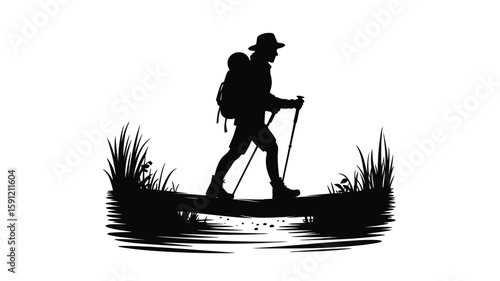 Silhouette of a hiker with backpack and trekking poles crossing stream