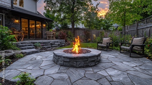Fototapeta Naklejka Na Ścianę i Meble -  Cozy fire pit patio at sunset.  Modern landscaping