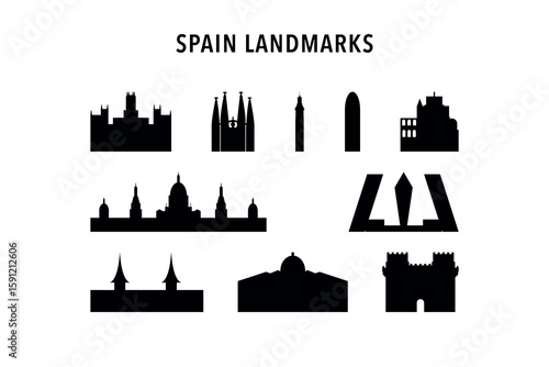 Spain landmarks, famous buildings vector icon collection. Isolated black and white clip art, badge of tower, cathedral, bridge contours. Pack for web design, infographics