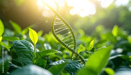 DNA helix amongst vibrant tea leaves. Sunlight illuminates the scene