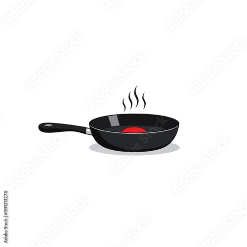 Minimalist black frying pan with red accent on white background, culinary artistry