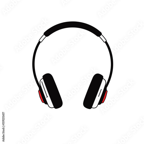 Stylish black and white headphones with red accent on white background, minimalism